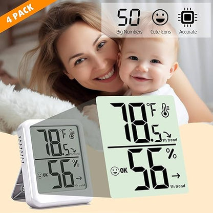 4-Pack Room Thermometer Indoor Hygrometer, Small Digital Temperature and Humidity Monitor Sensor, Temperature Humidity Gauge Meter for Home Baby Room, Plants, Pets - AAA Battery Included