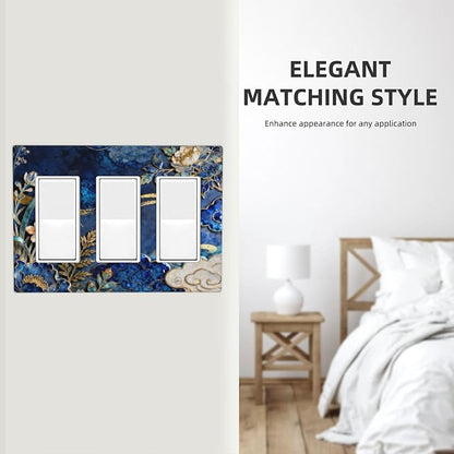 Decorative Outlet Covers Blue White Flower Gold Line Cloud 3 Gang Light Switch Cover Plate Triple Rocker Wall Plates for Electrical Outlets Switch Plate Covers for Bedroom Home Decor