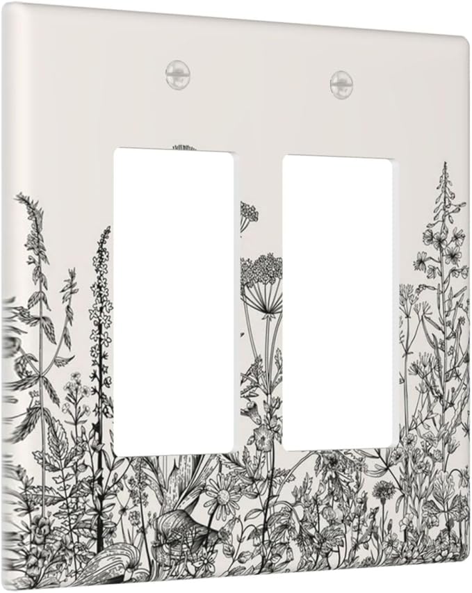 Decorative Outlet Covers Beige Skech Plant Leaves Flowers 2 Gang Wall Plate Double Rocker Two Switch Wall Cover Plate Light Switch Cover Plate Faceplate for Country Bedroom Home Decor