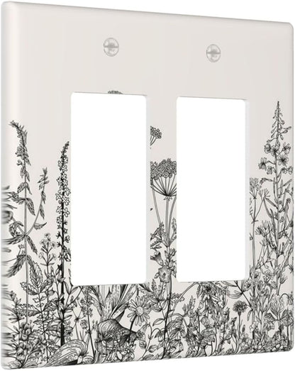Decorative Outlet Covers Beige Skech Plant Leaves Flowers 2 Gang Wall Plate Double Rocker Two Switch Wall Cover Plate Light Switch Cover Plate Faceplate for Country Bedroom Home Decor