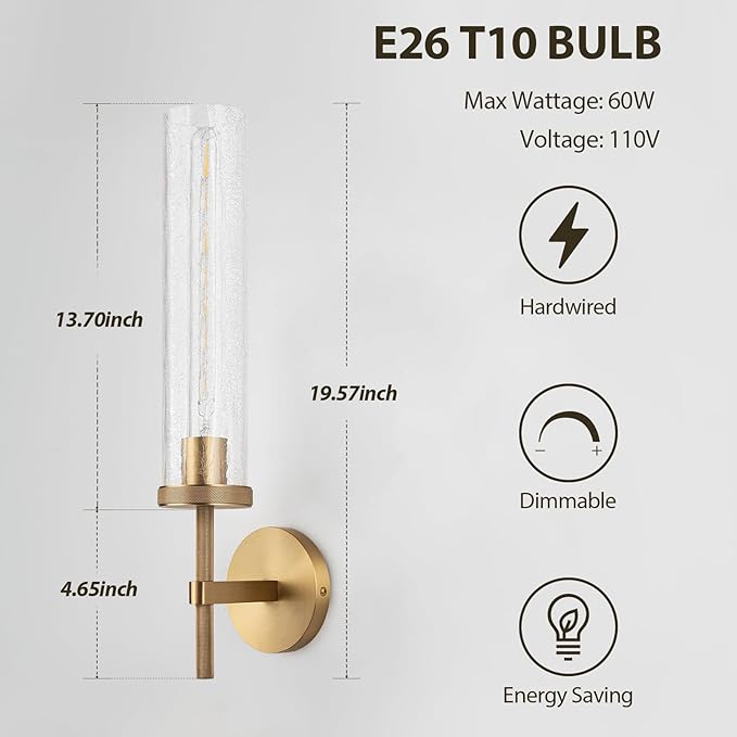 19.5" Knurled Brass Wall Sconces Set of 2, Gold Bathroom Vanity Light Fixtures with Crackle Glass Tube, Modern Lamp Lighting for Bedroom, Living Room, Hallway, Staircase, Mirror, Kitchen