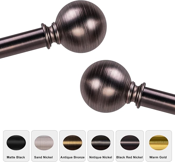 Brushed Nickel Curtain Rods for Windows 18 to 145 inches, 1 Inch Modern Metal Drapery Rods, Adjustable Heavy Duty Curtain Pole with Round Finials(18"-145"Dark Red)