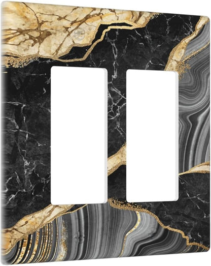Decorative Outlet Covers Modern Abstract Black Gold Marble 2 Gang Light Switch Cover Plate Double Rocker Wall Plate Switch Plate Covers Faceplate for Bathroom Kitchen Decor （2 Pack）