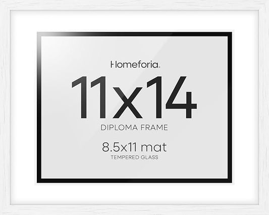 Homeforia 11x14 White Diploma Frame, High End Black Oak 11 x 14 Certificate Wood Frames with Mat 8.5x11, 14x11 Wooden Document Matted Frame, Award Graduation Frames, Tempered Glass, Wall Kit, Set of 1