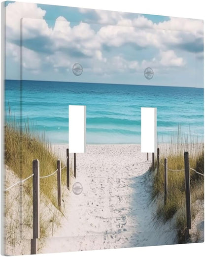 Decorative Light Switch Cover Plate Coastal Beach Ocean Seaside View 2 Gang Outlet Covers Double Toggle Wall Plates for Electrical Outlets Switch Plate Covers Faceplate for Bedroom Home Decor