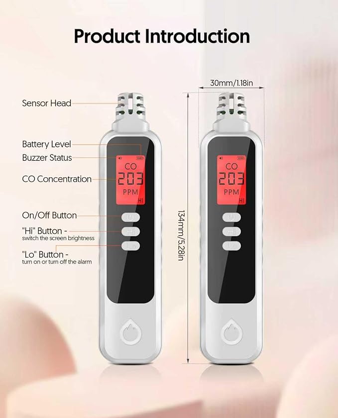 Carbon Monoxide Detectors Portable CO Detector Battery Powered, Handheld Carbon Monoxide Monitor Alarm Detector with LCD Display for Home/Outdoor/Travel (Batteries Included) (White)
