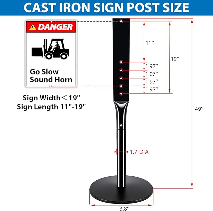 Heavy Duty Parking Sign Post Stand 49", 20lbs Cast Iron Base Sign Post for Outside Sign Holder, Yard Sign Stand, Street Sign Post, Black