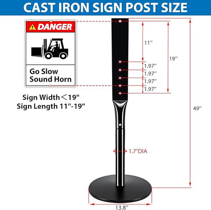 Heavy Duty Parking Sign Post Stand 49", 20lbs Cast Iron Base Sign Post for Outside Sign Holder, Yard Sign Stand, Street Sign Post, Black