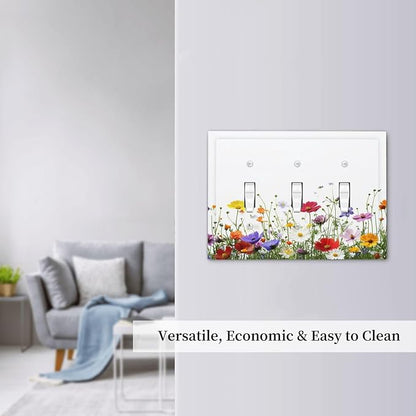 Decorative Switch Plates Colorful Wildflowers Plant Floral Daisy 3 Gang Wall Plate Triple Toggle Light Switch Cover Faceplate Electrical Wall Panels For Bed Room Living Room Decor