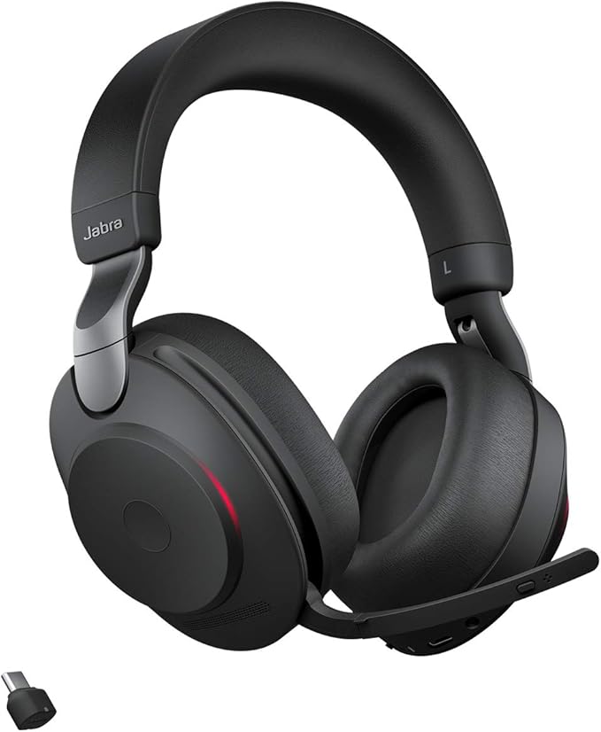 Jabra Evolve2 85 Wireless PC Headset – Noise Cancelling UC Certified Stereo Headphones with Long-Lasting Battery – USB-C Bluetooth Adapter – Black