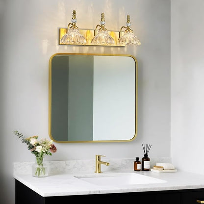 Vintage Bathroom Vanity Light, 3-Light Gold Vanity Lighting Fixture with Flower Glass Shade, Bathroom Lighting Fixtures Over Mirror