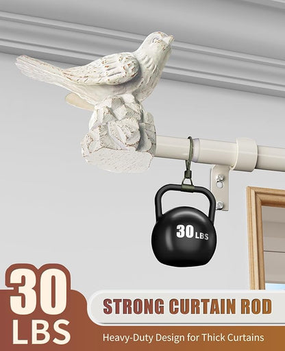 White Curtain Rod 36 to 72 Inches Curtain Rods for Windows Adjustable Heavy Duty Drapery Rod with Bird Finials for Kitchen Window Living Room