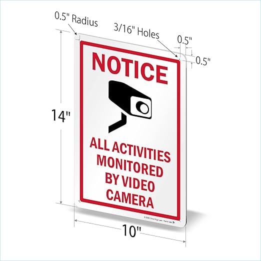 SmartSign 14 x 10 inch “Notice - All Activities Monitored By Video Camera” Metal Sign, 40 mil Laminated Rustproof Aluminum, Red, Black and White, Made in USA