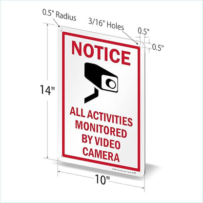 SmartSign 14 x 10 inch “Notice - All Activities Monitored By Video Camera” Metal Sign, 40 mil Laminated Rustproof Aluminum, Red, Black and White, Made in USA
