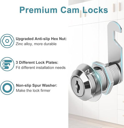 Cabinet Cam Lock Keyed Alike, 1-1/8'' (Length) Cylinder Fits on 7/8'' Max Panel Thickness, Secure File Drawer Mailbox RV Storage Replacement Set, Chrome-Finish Zinc Alloy (1-1/8 Inch 2Pcs)