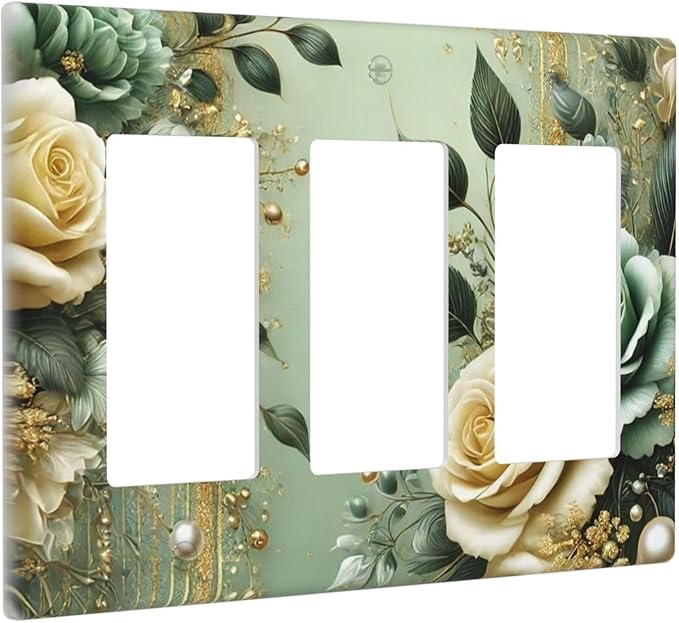 Decorative Outlet Covers Rustic Green Floral Leaves Teal Flowers Gold Stripe 3 Gang Wall Plate Triple Rocker Light Switch Cover Plate Jumbo Electrical GFCI Faceplate