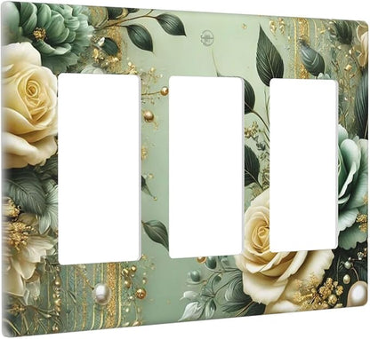 Decorative Outlet Covers Rustic Green Floral Leaves Teal Flowers Gold Stripe 3 Gang Wall Plate Triple Rocker Light Switch Cover Plate Jumbo Electrical GFCI Faceplate
