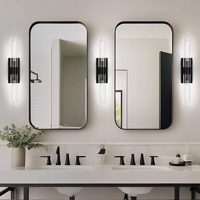 Black Wall Sconces Set of 2, Hardwired Bathroom Vanity Light Fixture, 22.8" Brass Sconce Wall Lighting, Modern Wall Light Set of Two, Cylinder Lamp for Bedroom Living Room Mirror Hallway