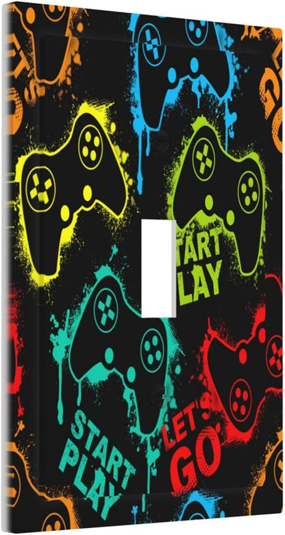 Decorative Light Switch Plate Covers Gamepad Theme Graffiti 1 Gang Light Switch Cover Plate Single Toggle Wall Plate Outlet Covers Faceplate for Game Room Bedroom Decor （2 Pack）