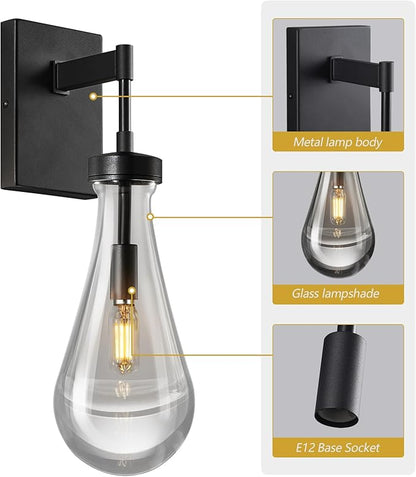 Raindrop Wall Sconces Black Sconces Wall Decor Modern Wall Lighting Glass Bathroom Sconces Indoor Vanity Light Wall Lamp for Bedroom Living Room Stair (1 Pack)