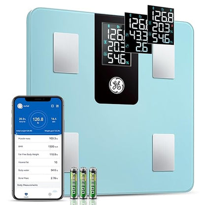 GE Smart Scale for Body Weight BMI Fat Muscle Mass with 14 Body Composition Metrics & All-in-one LCD Display, Digital Bathroom Weight Monitor Bluetooth with App, Accurate Weighing Machine 400lb Blue