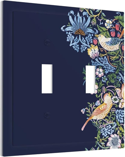 Decorative Light Switch Cover Plate Vintage Blue Morris Strawberry Thief Bird Flower 2 Gang Wall Plate Oversized Double Toggle Two Switch Wall Cover Plate Dual Faceplate