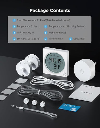 GoveeLife Upgraded WiFi Freezer Temperature Pro with Alarm, Wireless Digital Refrigerator Thermometer Hygrometer with App Email Notification, LCD Display, Free Data Export, for Fridge Kitchen Farming
