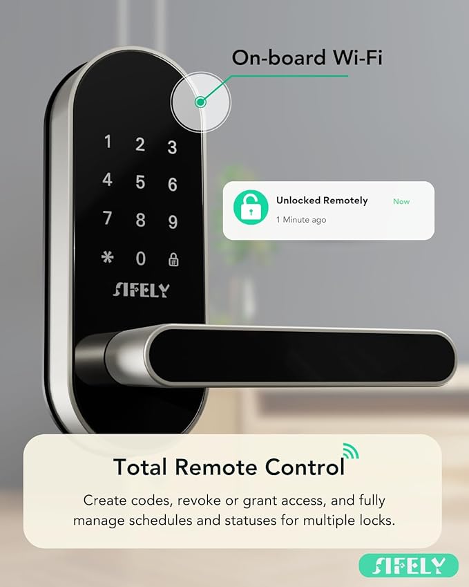 Built-in WiFi Smart Door Lock with Handle – Keyless Entry via App, Codes, Cards, Key, Voice & Remote Unlock, Auto-Lock, Access Logs, Family Sharing, Works with Alexa & Google, Great for Home & Rental