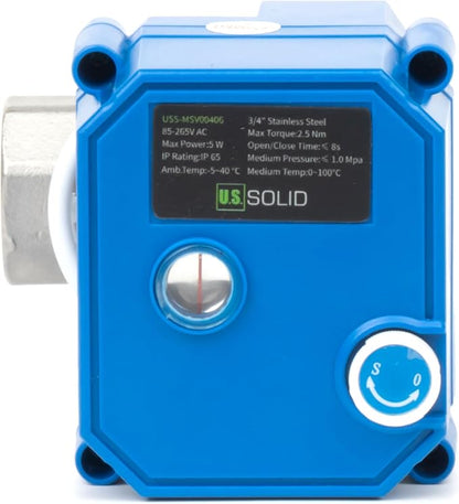 U.S. Solid Motorized Ball Valve with Manual Function - 3/4" Stainless Steel, Full Port, 85-265V AC, 2-wire Automatic Return, Normally Closed