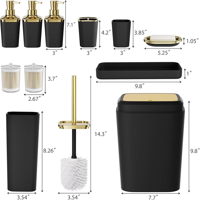 Bathroom Accessory Set, 11PC Bathroom Set, Black Bathroom Accessories, Bathroom Accessories Set with Trash Can, 3PC Soap Dispensers and Toilet Brush