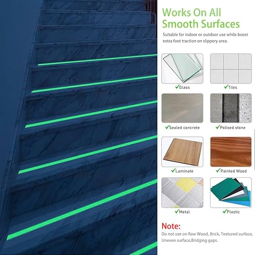 Anti Slip Tape, Clear Glow in The Dark Traction Grip Tape, 2 Inch x 32.8ft Waterproof Indoor/Outdoor, Non Slip Stair Treads Safety Tape (Clear with a line of Glow, 2" Width)
