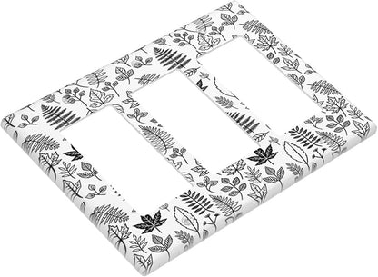 Black White Leaf Wheat Maple Leaf Plant Light Switch Covers 3 Gang Rocker Decorative Triple Outlet Wall Plate Cover Electrical GFCI Switchplate for Bedroom Bathroom Decor