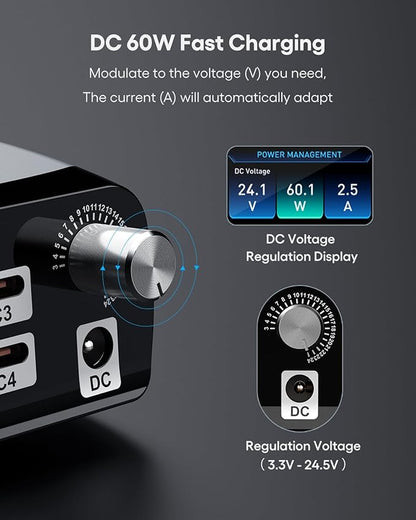 WOTOBEUS Charging Station (252W), 7-Ports (4 USB-C, 2 USB-A, 1 DC), Power Adapter with DC Power Supply Adjustable 3.3V~24.5V (0~60W) Converter and LED Display, for iPhone Laptops Monitor Electronics