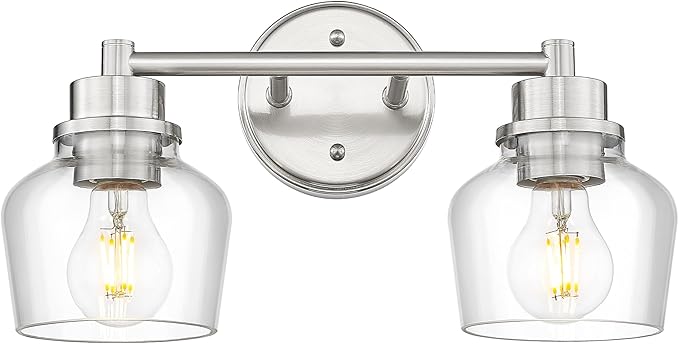 Emak 2-Light Vanity Lights, Brushed Nickel Bathroom Lights Over Mirror with Clear Glass Shade, Modern Bathroom Wall Sconces, VL122-BN-CG-2