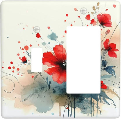 Vintage Floral Red Watercolor Modern Outlet Covers 1 Toggle 1 Rocker Combination Light Switch Cover Plate Decorative Wall Plate Electrical Switch Plates for Bedroom Bathroom Decor