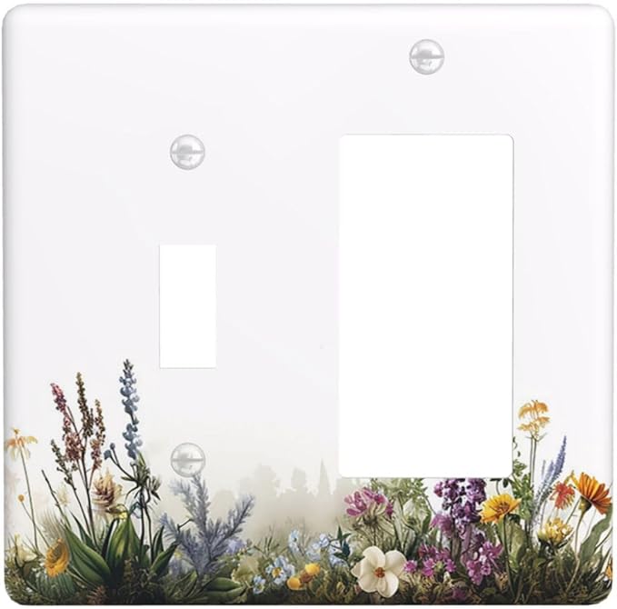 Outlet Covers White Background Colorful Flowers Plants Green Leaves 1 Toggle 1 Rocker Combo Light Switch Cover Plate Decorative Switch Plate Covers Electrical Wall Plate for Bedroom Home Decor