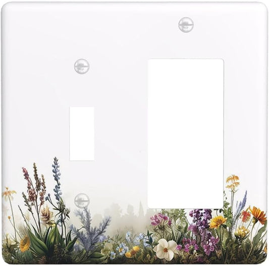 Outlet Covers White Background Colorful Flowers Plants Green Leaves 1 Toggle 1 Rocker Combo Light Switch Cover Plate Decorative Switch Plate Covers Electrical Wall Plate for Bedroom Home Decor