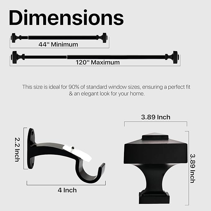 Deco Window Adjustable Curtain Rod for Windows 44 to 120 Inch (Pack of 1) Extendable Heavy Duty 3/4 Inch Iron Drapery Pole with Finials Wall Mounted French Door Curtain Rods (Black)