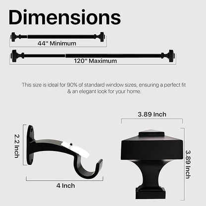 Deco Window Adjustable Curtain Rod for Windows 44 to 120 Inch (Pack of 1) Extendable Heavy Duty 3/4 Inch Iron Drapery Pole with Finials Wall Mounted French Door Curtain Rods (Black)