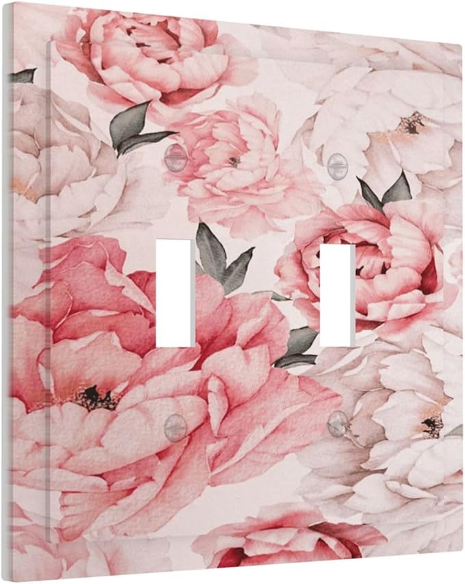 Decorative Light Switch Plate Covers Ink Pink Peony Flower Rustic Floral 2 Gang Light Switch Cover Unique Double Toggle Wall Plate Outlet Covers for Bedroom Home Decor （2 Pack）