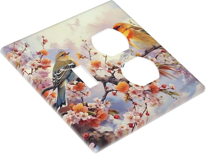 Decorative Outlet Covers Birds Sitting on Tree Branch Pink Flower 2 Gang Wall Plate Single Toggle Duplex Light Switch Cover Switch Plate Covers Faceplate for Bedroom Home Decor