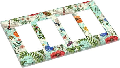 Dragonflies Flowers Butterfly 4 Gang Quad Rocker Outlet Light Switch Cover Decorative Wall Plate Cover For Home Living Bedroom Kitchen Decorative