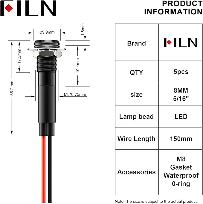 5Pcs 8MM (5/16'') Indicator Light led Indicator 12v 24v Metal Pilot Lamp Lights Aluminum Black Anodized Waterproof ip67 Red Signal Lamp Light(12V-Brass Nickel Plated-Yellow 5Pcs)