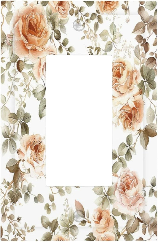 Decorative Outlet Covers Vintage Warm Color Orange Flowers And Leaves 1 Gang Single Rocker Light Switch Cover Plate Wall Plates GFCI Faceplate for Bedroom living Room Decor