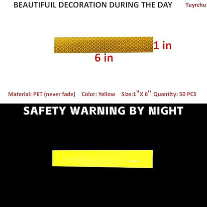 Non Fading Yellow Reflective Stickers 1 inch X 6 inch, Outdoor Waterproof High Visibility Warning Safety Adhesive Reflector Tape (50 Pcs)