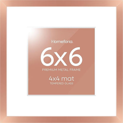 Homeforia Rose Gold Frame 6x6, High End Metal 6 x 6 Square Picture Frames with Mat 4 by 4 Art, 6x6 Photo Frame Matted to 4x4 inch Print, 6by6 Wall or Tabletop Frames, Tempered Glass, Wall Kit, Set of 1