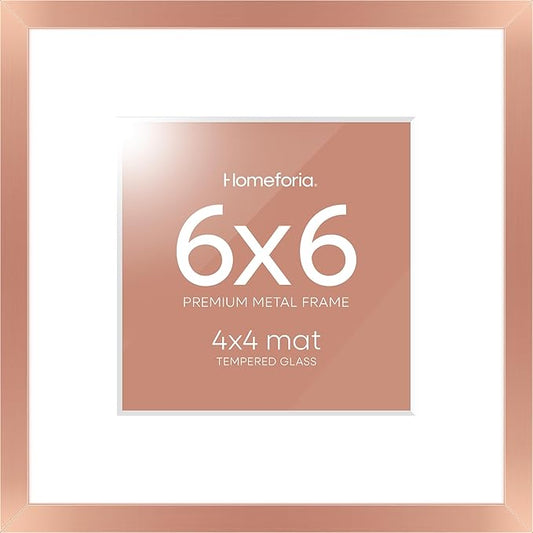 Homeforia Rose Gold Frame 6x6, High End Metal 6 x 6 Square Picture Frames with Mat 4 by 4 Art, 6x6 Photo Frame Matted to 4x4 inch Print, 6by6 Wall or Tabletop Frames, Tempered Glass, Wall Kit, Set of 1