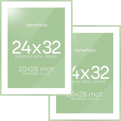 Homeforia 24x32 Sage Green Picture Frame, High End Metal 24x32 Poster Frames with Mat 20x28 inch Photo, 24 x 32 Thin Frame Matted to 20 x 28 Art, 32x24 Large Frames, Tempered Glass, Wall Kit, Set of 2