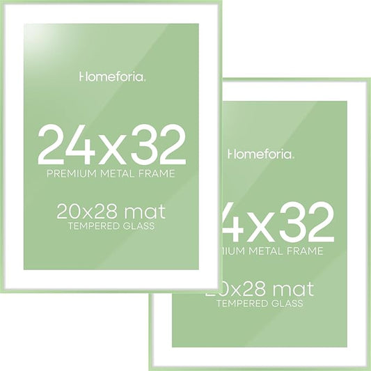 Homeforia 24x32 Sage Green Picture Frame, High End Metal 24x32 Poster Frames with Mat 20x28 inch Photo, 24 x 32 Thin Frame Matted to 20 x 28 Art, 32x24 Large Frames, Tempered Glass, Wall Kit, Set of 2