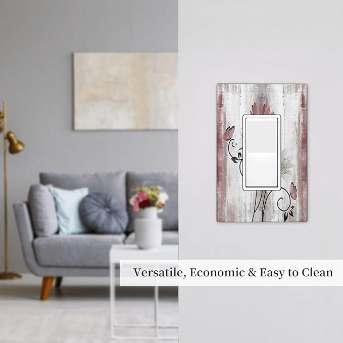 Decorative Outlet Covers Pink White Daisy Butterfly Wood Grain 1 Gang Single Rocker Light Switch Cover Plate Wall Plates GFCI Faceplate for Farmhouse Bathroom Decor